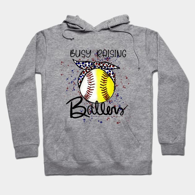 Busy Raising Ballers, baseball, softball mom, red white blue cheetah bow design Hoodie by Sheila’s Studio